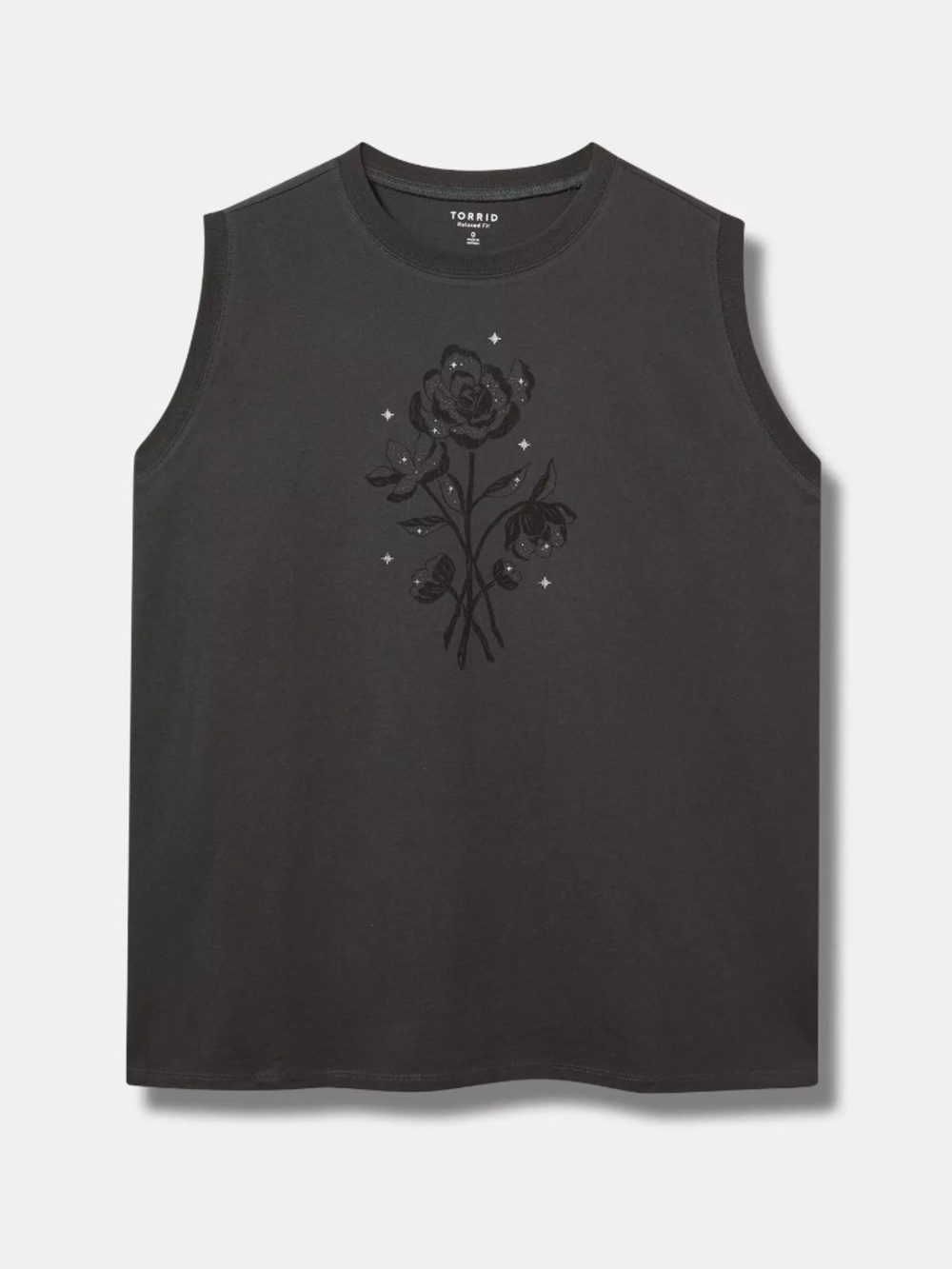 Torrid Tank Top 2X Black Roses Stars Crew Relaxed Fit Cotton Plus Size Tee Shirt